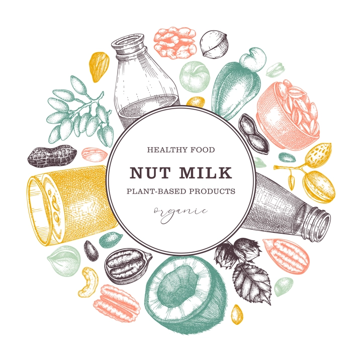 Nut milk, wreath design. Plant milk, healthy drink, vegetarian food background. Almond, pecan, pistachio, coconut, cashew. Nut sketches. Packaging for dairy products. Vector illustration in color